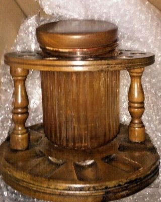 Vintage Walnut 10 Pipe Stand With Antique Amber Humidor Tobacco Jar
