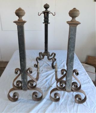 Antique Vintage Wrought Iron Andirons W/ Matching Fireplace Tool Holder,  Set