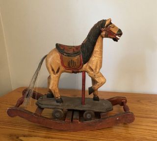 Antique Hand - Carved Wooden Rocking Horse Toy Wheels Painted Vintage Pony