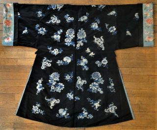 Antique Xl Chinese Robe Silk Brocade Flower & Butterflies Qing 1870
