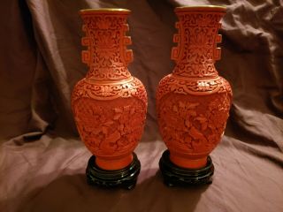 Vintage Pair Red Carved Lacquer Cinnabar And Enamel Chinese Vases Nos