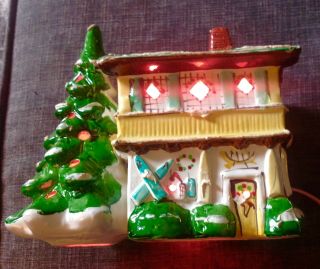 Vintage Ceramic Lighted Christmas Tree And House 1970 