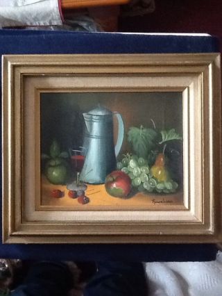 Vtg Signed Frank Lean Wood Framed Fruit Still Life Oil Painting.  Medium Size.