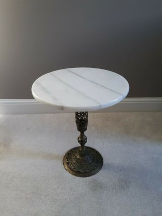 Vintage Marble Top Side Table Plant Stand With Filigree Brass Base Mid - Century