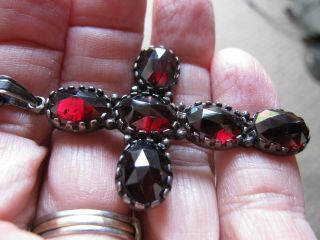Vintage Sterling Silver Cross Faceted Red Garnets? Or Rhinestones? 18 Inch Chain