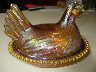 Vintage Indiana Glass Amber Iridescent Chicken On Nest