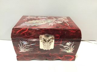 Vintage Korean Mother Of Pearl Red Lacquer Phoenix Trinket Music Box Arirang