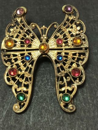 Very Old Antique Vintage Art Deco Multi Color Rhinestone Butterfly Brooch Pin 3