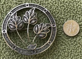 Vintage Rolled Wire Filagree Sterling Silver Leaf Fronds Brooch Lapel Pin