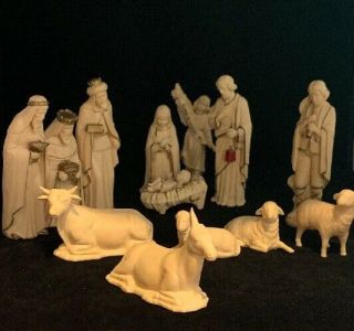 Vintage 13 Piece Christmas Nativity Set Art Plastic Stamped Ivory Color 1960s