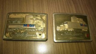 Rare Set 2 Vintage Mobil Oil " Safe Years " Belt Buckles