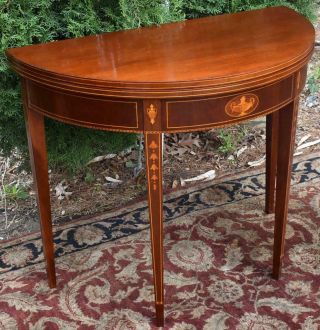 1910s Antique English Sheraton Mahogany Inlaid Game Table / Console Table