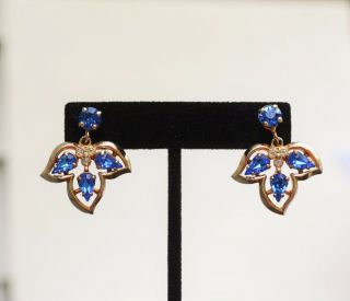 Vintage hi - end blue & clear rhinestone Barclay earring screwback Moghul style 3