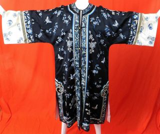Antique Chinese Black Silk Blue Forbidden Stitch Embroidery Peony Butterfly Robe