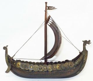 Large Vintage Iron Art Copenhagen Denmark Brass & Bronze Viking Ship Sculpture