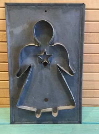 Vintage Antique Primitive Tin Flat Angel With Star Cookie Cutter,  8” X 5”