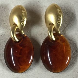 Vintage Givenchy Gold Tone Amber Lucite Clip On Earrings