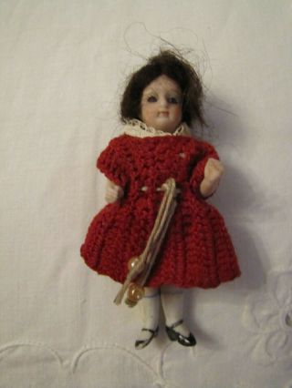 Antique All Bisque Dollhouse Doll W/ Swivel Head & 5 Piece Body - Red Dress