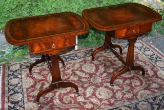 1920s Weiman English Regency Mahogany Leather Top Drop Leaf Pair Side End Tables