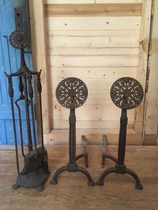 Vintage Arts And Crafts Andirons Fireplace Tool Set Metal