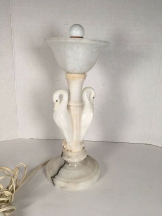 Vintage White Alabaster Marble Carved Table Lamp Swans 13”