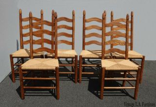Set Of Six Vintage French Country Oak Ladderback Dining Chairs W Rush Seats