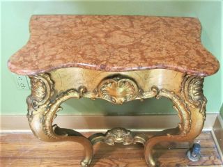 Fine ANTIQUE FRENCH Hand - Carved Gilt Wood Console Table w/ Marble Top c.  1870 3