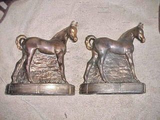 Vintage Cast Metal Bronze Plated Full Standing Horse Bookends Or Doorstops