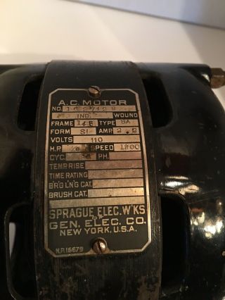 Rare Antique Sprague Electric Of General Electric Co.  1/8 Hp AC Motor 2