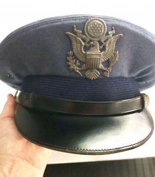 Vtg Blue Fabric Us Military Flight Ace Officer 7 7/8 Dress Hat With Leather Brim