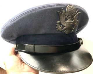 Vtg Blue Fabric US Military Flight Ace Officer 7 7/8 Dress Hat with Leather Brim 3