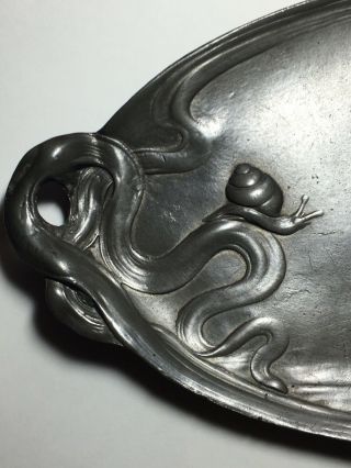 Antique Art Nouveau Pewter Calling Card Tray WMF Girl w Snail Repousse ca1900 3