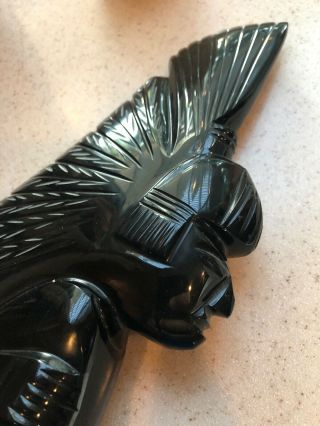 VTG Aztec Mayan Indian Chief Figure Carved Black Gold Sheen Obsidian Statue 10” 2