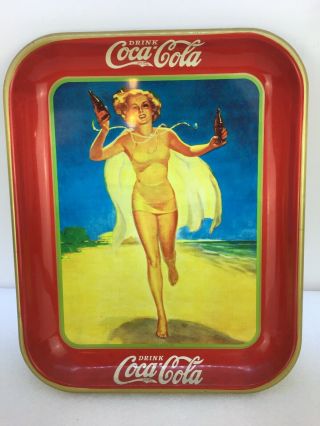 Vintage 1937 Coca Cola Metal Serving Tray Yellow Suit Running Girl