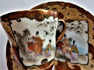 2x SIGNED Japanese Kutani demitasse cup & saucer eggshell scalloped hand paint 2