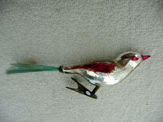 Vintage Germany Mercury Glass Bird Clip - On Christmas Ornament 6” Spun Glass Tail