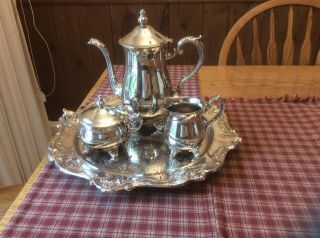 Vintage Gorham Duchess Ep Yc Silverplate Brass Tea Set,  Sugar & Creamer On Plate