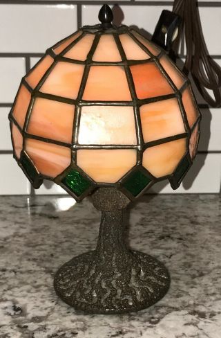 Antique Small Leaded Stained Glass Lamp 8” Accent Lamp Signed By Artist 1972 W.  C
