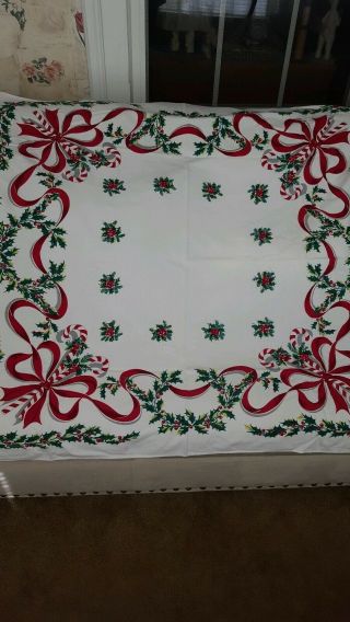 Vintage Christmas Tablecloth 45 " X 48 " Candy Canes And Red Ribbon