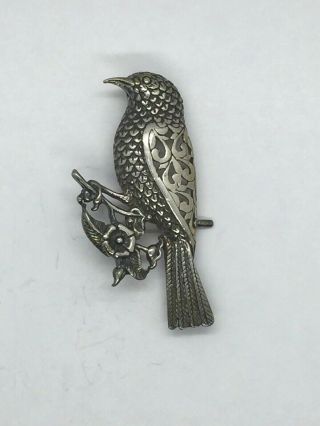 Vintage Jezlaine Sterling Silver Brooch Bird Robin Flower Pierced Signed Pin 925