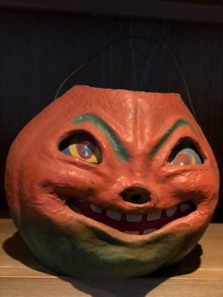 Old Antique Vintage Halloween Paper Mache Pulp Pumpkin Jack O Lantern