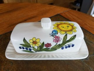 Vintage Enesco Sun Flowers Blue Bird Ceramic Covered Butter Dish Japan
