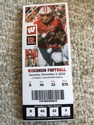 2018 Wisconsin Badgers Vs Rutgers College Football Ticket Stub 11/3