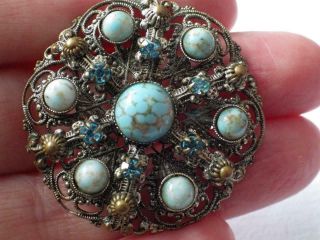 Vintage Czech Filigree Turquoise Brooch Pin 1930 