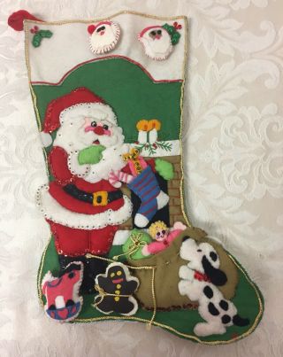 Vtg Felt Sequined Christmas Stocking Santa Claus Puppy Toys Completed Bucilla