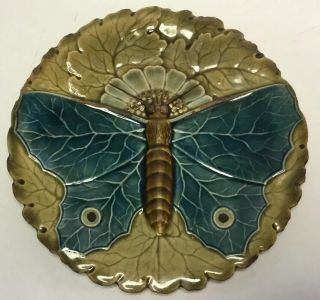 Antique Art Nouveau Majolica Moth On A Leaf Plate C.  1900