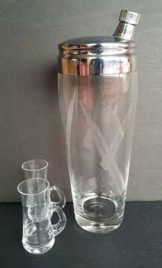 Mid Century Vintage Etched Leaf Glass Cocktail Shaker And 2 Cordial Glasses
