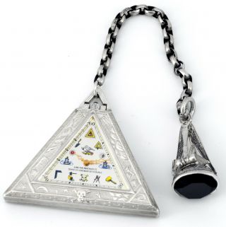 Rare Vintage Triangular All Sterling Silver Masonic Pocket Watch And Fob Set