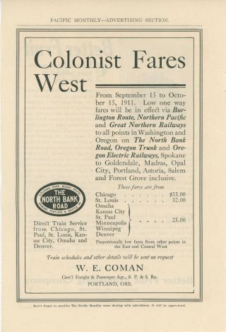 1911 Spokane Portland & Seattle Railway Ad Colonist Fares West North Bank Road