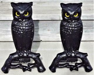 Antique Cast Iron Owl Andirons W/ See Through Yellow Glass Eyes Mcm 13